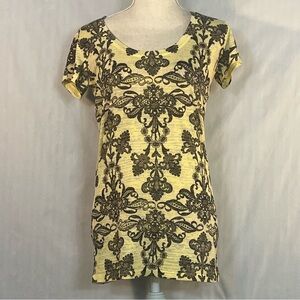 L.O.L. Vintage T Shirt Yellow Damask V Neck Short Sleeves Soft EUC L
